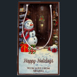 Snowman Vintage Christmas Scene Small Gift Bag<br><div class="desc">This is an adorable Christmas gift bag featuring a Christmas scene of a snowman with gifts at the front door of a house in a vintage watercolor style. The text on the gift bag is customizable with your own.</div>