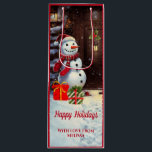 Snowman Vintage Christmas Scene  Wine Gift Bag<br><div class="desc">This is an adorable Christmas gift bag featuring a Christmas scene of a snowman with gifts at the front door of a house in a vintage watercolor style. The text on the gift bag is customizable with your own.</div>
