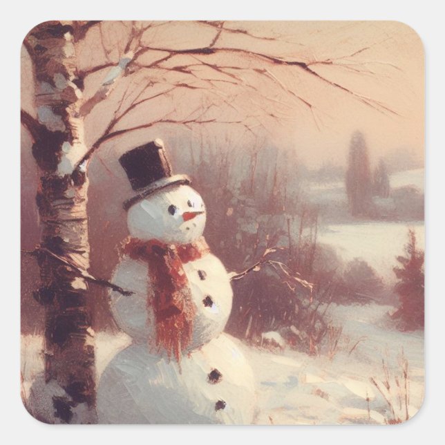 Snowman Vintage Painting Square Sticker (Front)