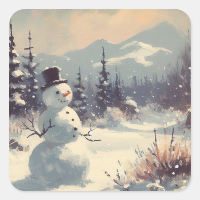 Snowman Vintage Painting Square Sticker (Front)