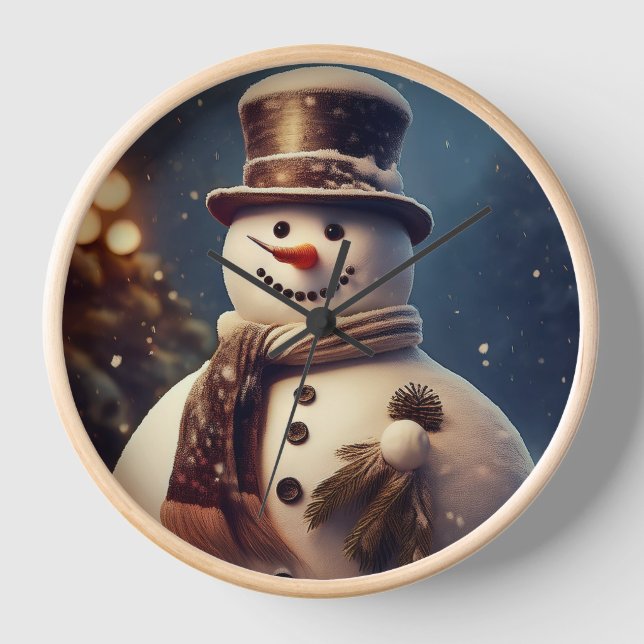 Snowman:Wall Clock, 10" Round Natural Wood Frame Clock (Front)