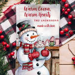 Snowman Warm Cocoa Personalized Christmas Kitchen Towel<br><div class="desc">Bring cozy winter charm to your kitchen with this personalized Christmas towel featuring an adorable snowman enjoying a cup of cocoa. The heartwarming message "Warm Cocoa, Warm Hearts" makes it perfect for the holiday season. Customize it with your family name for a unique festive touch that adds warmth and personality...</div>