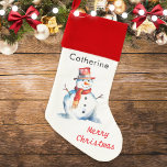 Snowman Watercolor Cute Festive Kids Personalized Christmas Stocking<br><div class="desc">This festive Christmas stocking features a cheerful snowman picture in a watercolor style. With the greeting 'Merry Christmas' in red script typography, the stocking has a wide red border at the top with a hanging loop. Full of seasonal charm, the stocking can be personalized with the recipient's name for the...</div>