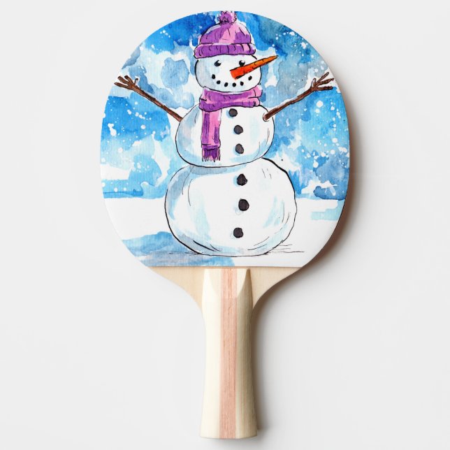 Snowman Watercolor Ping Pong Paddle (Front)