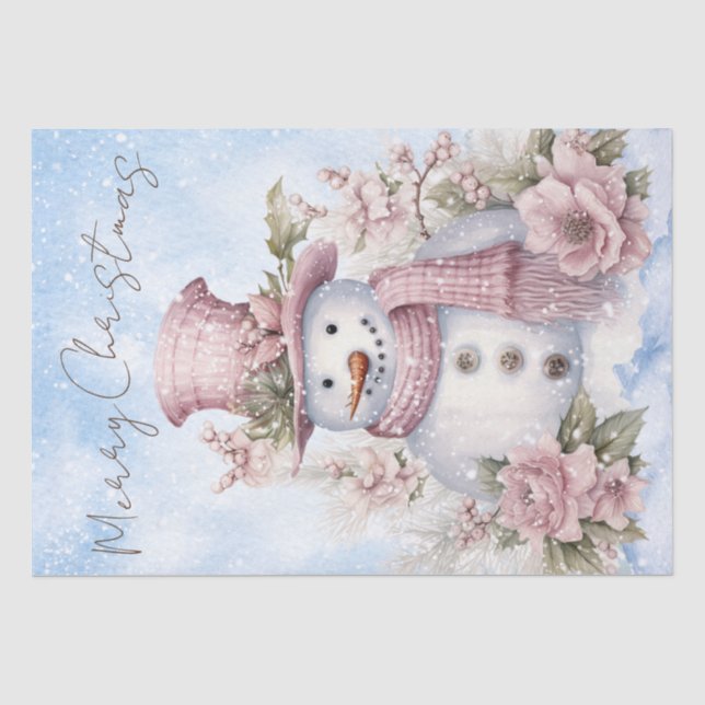 Snowman Watercolor Pink Winter Christmas Tissue Paper (Front)