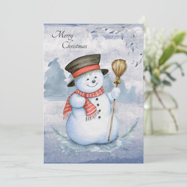 Snowman Watercolor Script Modern Merry Christmas Holiday Card (Standing Front)
