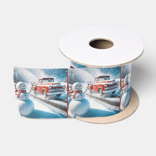 Snowman Waving at a Red Retro Truck Satin Ribbon