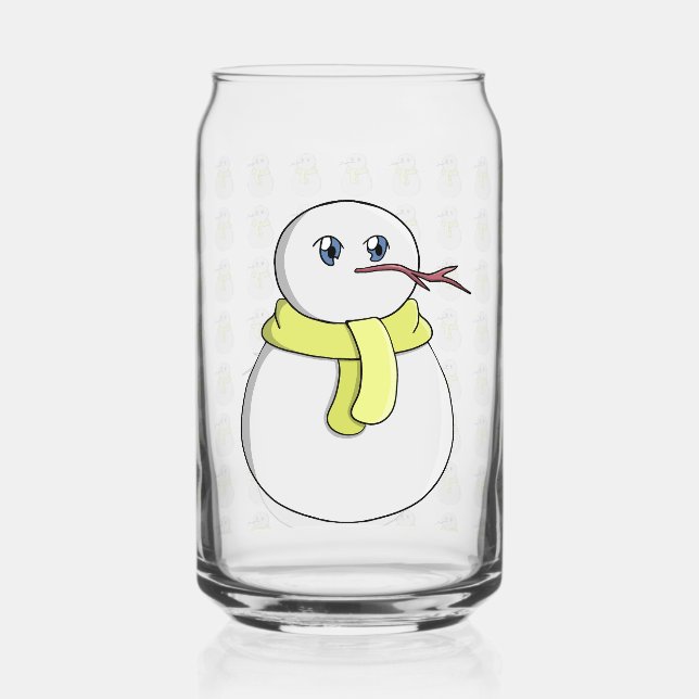 Snowman wearing a yellow scarf can glass (Front)