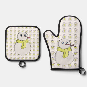 Snowman wearing a yellow scarf oven mitt & pot holder set