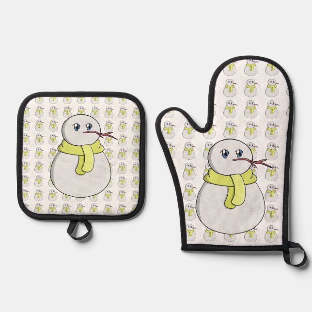 Snowman wearing a yellow scarf oven mitt & pot holder set (Front)