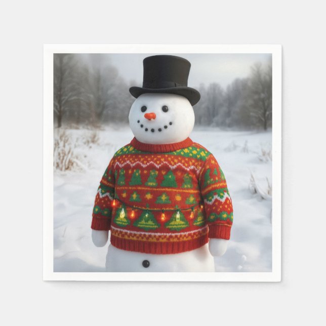 Snowman Wearing an Christmas Ugly Sweater Napkin (Front)