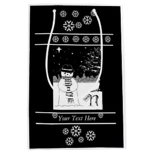 snowman wearing  scarf and hat black and white art medium gift bag