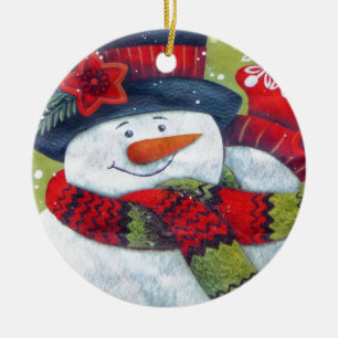 Snowman Wearing Scarf Ceramic Ornament