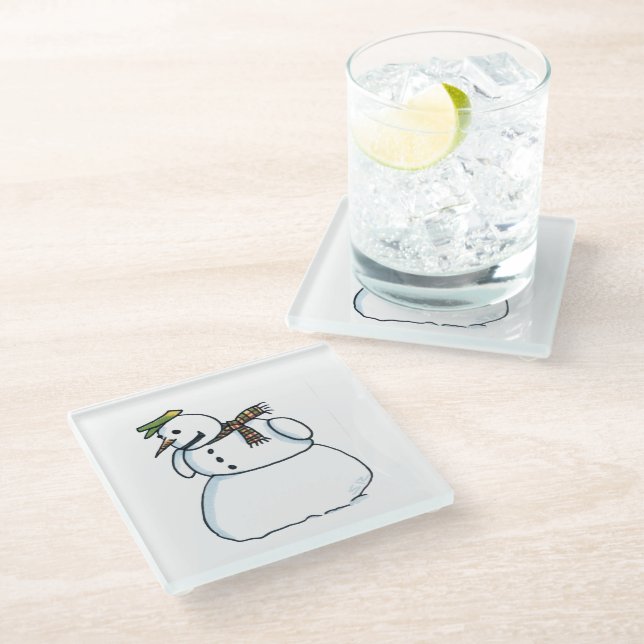 Snowman white glass coaster (Angled)