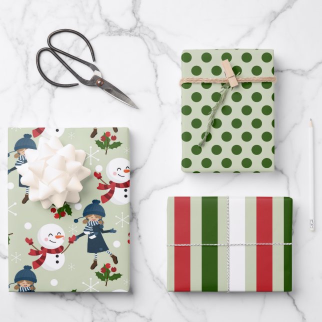 Snowman Winter Girl Christmas Wrapping Paper Set (Front)