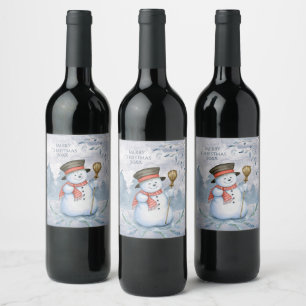 Snowman Winter Merry Typography Year Christmas Wine Label