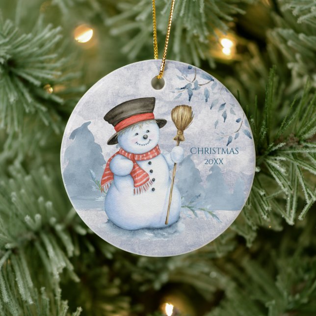Snowman Winter Personalize Year Keepsake Cute Xmas Ceramic Ornament (Tree)