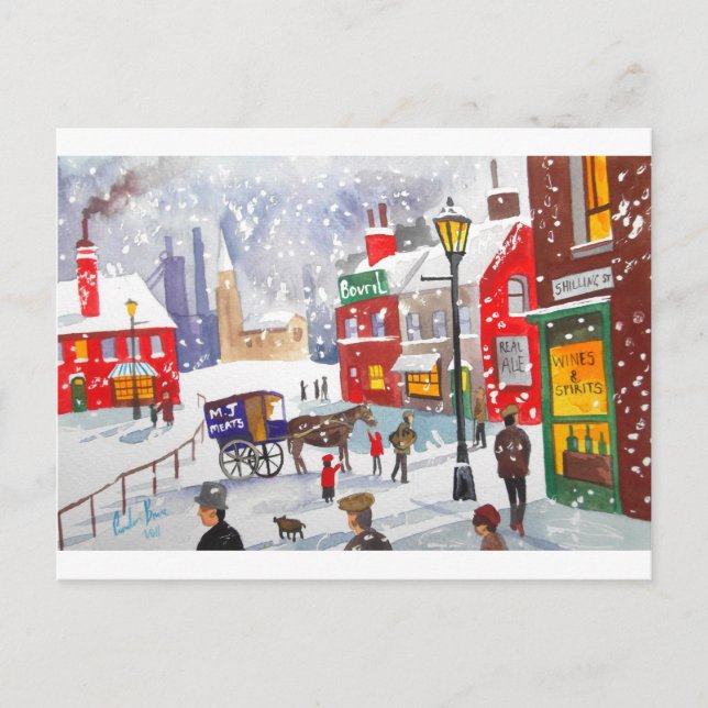 Snowman winter scene folk art painting nostalgic postcard (Front)