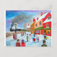 Snowman winter scene folk art painting train