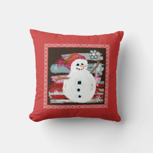 Snowman winter scene throw pillow (Front)
