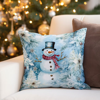 Snowman Winter Snow Buffalo Plaid Throw Pillow