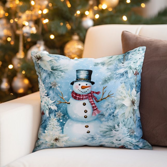 Snowman Winter Snow Buffalo Plaid Throw Pillow (Decorator pillow with a cute Christmas snowman wearing a buffalo plaid scarf and black top hat.)
