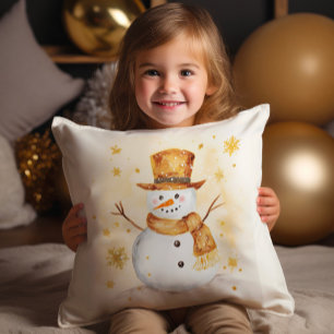 Snowman Winter Snow Gold White Throw Pillow