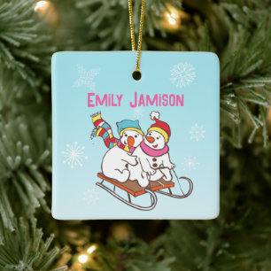 Snowman Winter Sports Name and Wish Ceramic Orname Ornament