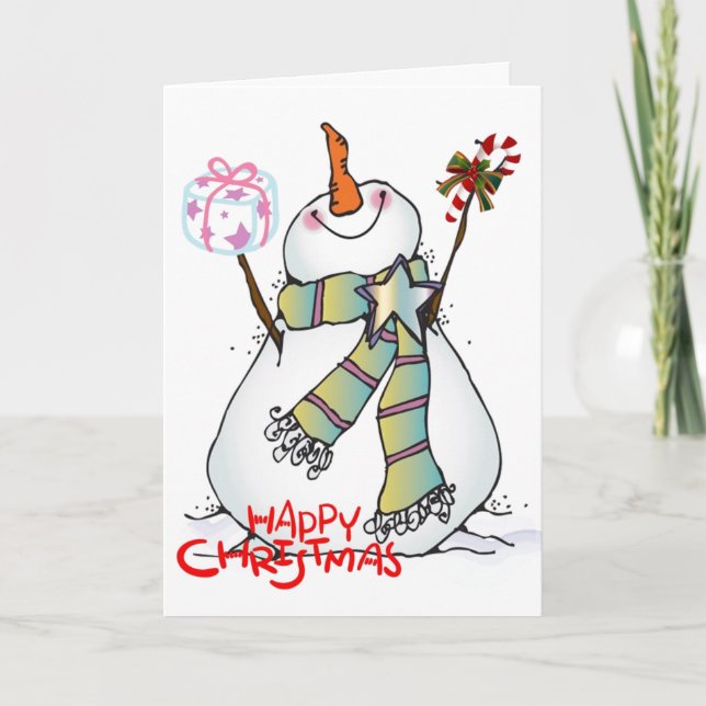 SNOWMAN WISHES HAPPY CHRISTMAS/NEW YEAR HOLIDAY CARD (Front)