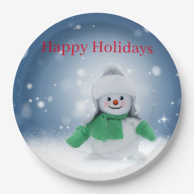 Snowman with a green scarf  paper plate (Front)