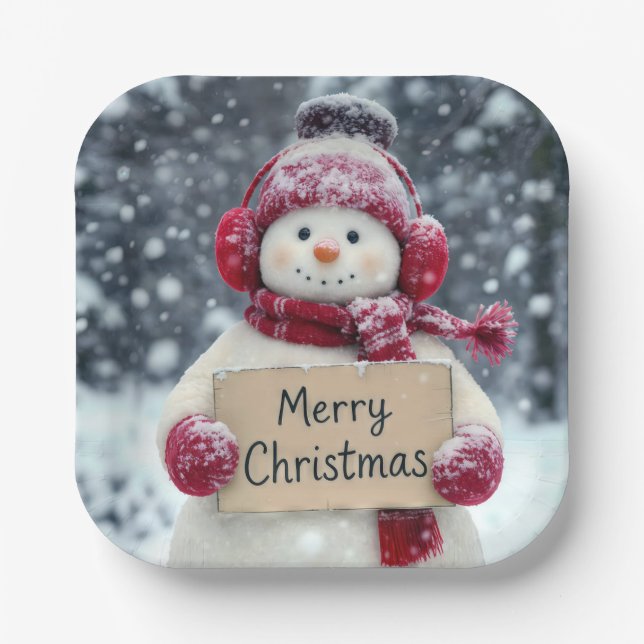 Snowman With a Merry Christmas Sign Paper Plate (Front)