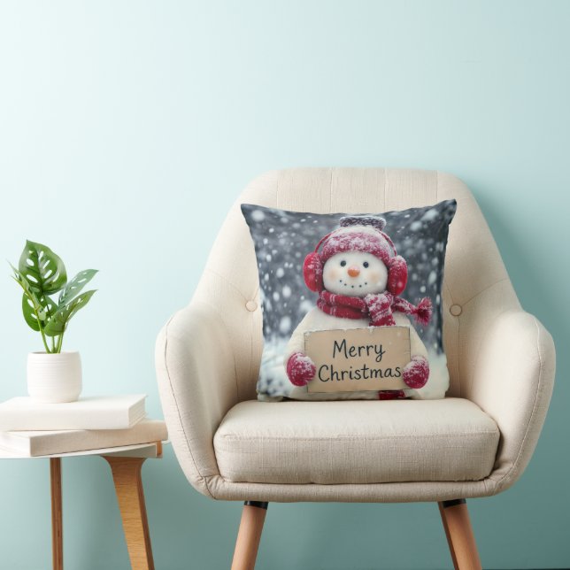 Snowman With a Merry Christmas Sign Throw Pillow (Chair)