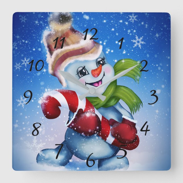 Snowman with a scarf square wall clock (Front)