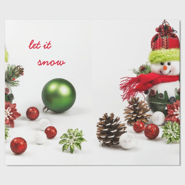 Snowman with baubles and pine cones wrapping paper (Seam)