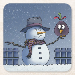 Snowman with Bird Square Paper Coaster