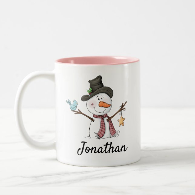 Snowman with blue bird customisable Christmas  Two-Tone Coffee Mug (Left)