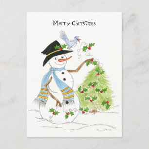 Snowman with blue bird holiday postcard