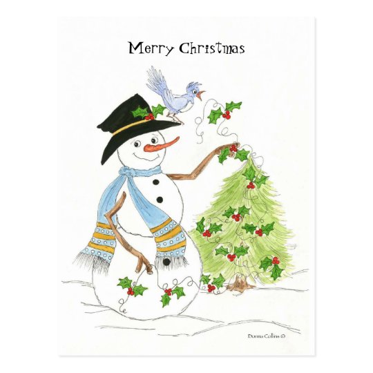 Snowman with blue bird postcard