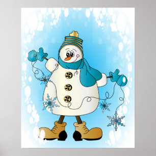 Snowman with Blue Christmas Snowflakes Poster