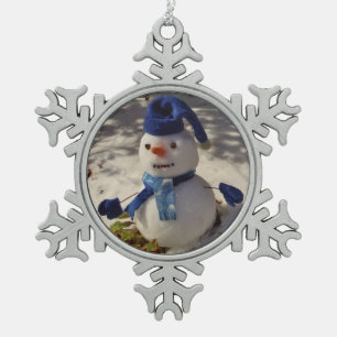 Snowman with Blue hat, gloves and Scarf Snowflake Pewter Christmas Ornament