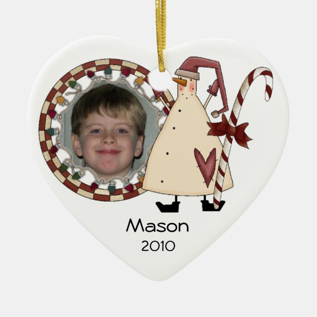 Snowman With Candy Cane Photo Ornament (Front)