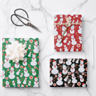 Snowman with Candy Canes and Christmas Candies Wrapping Paper Sheet