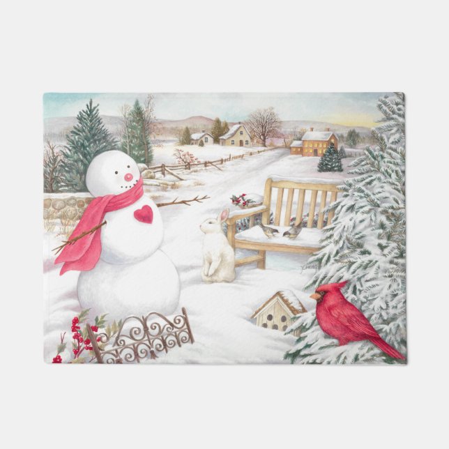 Snowman with Cardinal & Snow Bunny in Garden Doormat (Front)