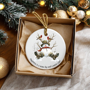 Snowman with Cardinals Ceramic Ornament