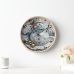 Snowman with Christmas Cheer Clock<br><div class="desc">A delightful Christmas clock featuring a whimsical snowman, adorned in a blue scarf and a golden hat. Surrounded by snow-covered trees, this festive piece captures the joy of winter celebrations and evokes a warm holiday spirit.</div>
