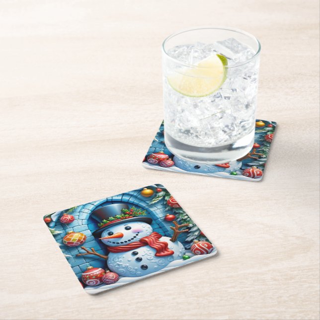 Snowman with Christmas decor -  Square Paper Coaster (Insitu)