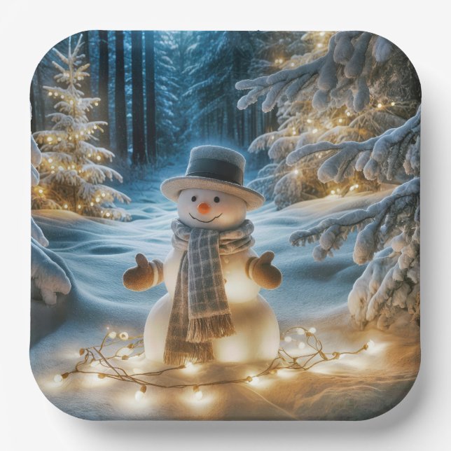 Snowman With Christmas Lights Paper Plate (Front)