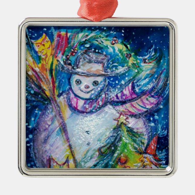 SNOWMAN WITH CHRISTMAS TREE AND TOYS METAL ORNAMENT (Front)