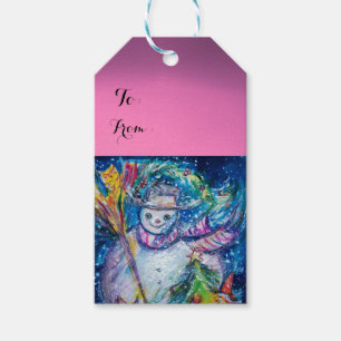 SNOWMAN WITH CHRISTMAS TREE AND TOYS ,Pink Gift Tags