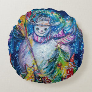 SNOWMAN WITH CHRISTMAS TREE AND TOYS ROUND PILLOW